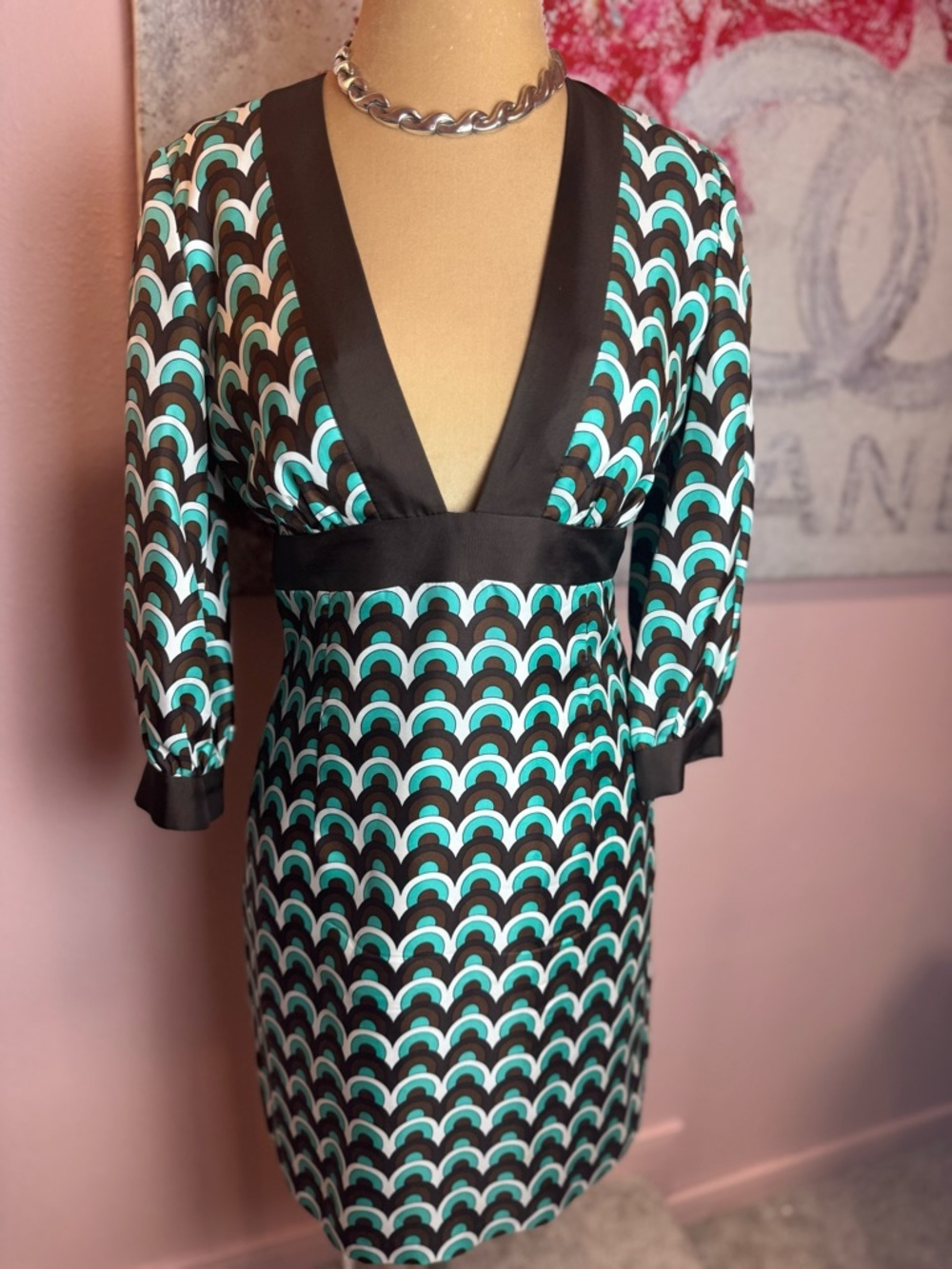 Milly Teal and Brown Deep V-Neck Silk Sheath Dress Y2K